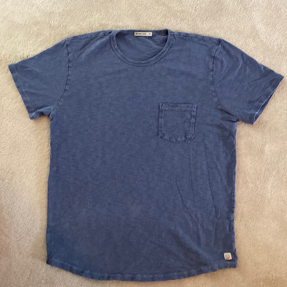 Marine Layer M/L (Marge), Slub Crew Neck Tee, Curved Hem, Indigo Blue